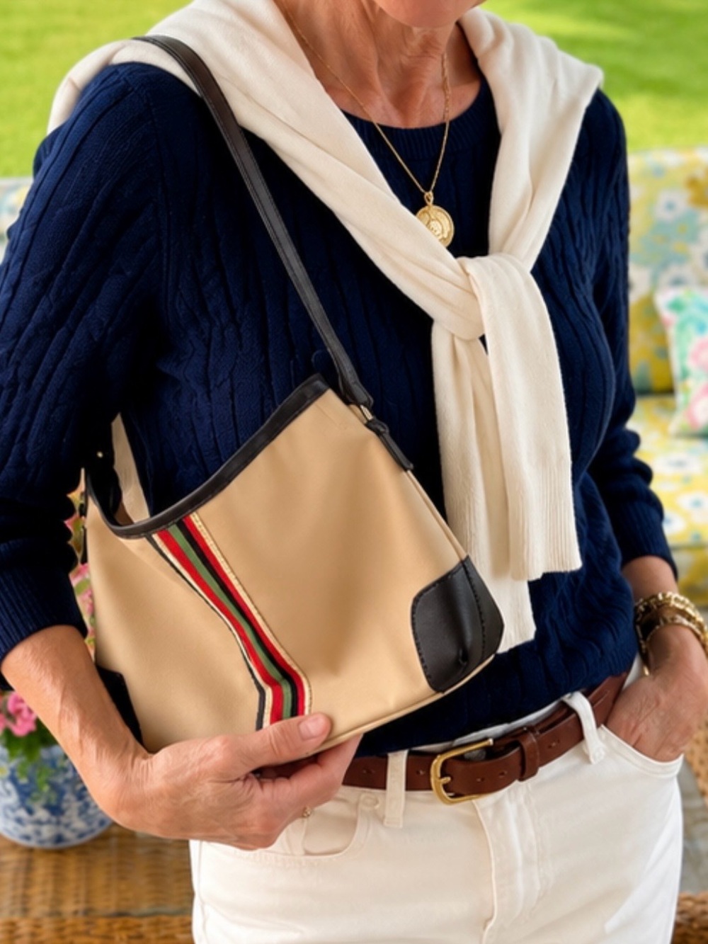 Y2K Beige Nylon Baguette Shoulder Bag Brown Trim Stripe Zip Top
